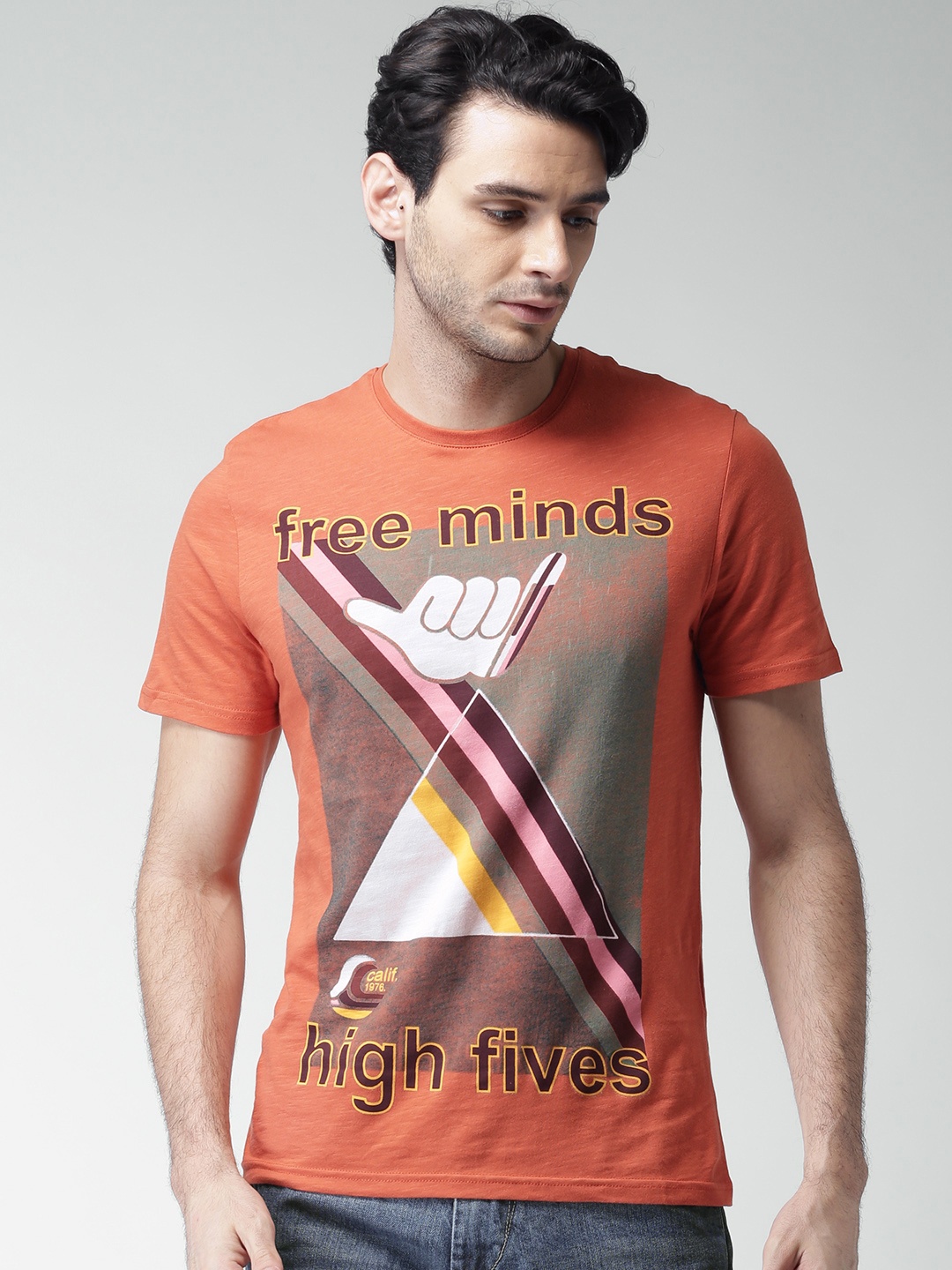

Celio Men Orange Printed Round Neck Pure Cotton T-shirt, Rust