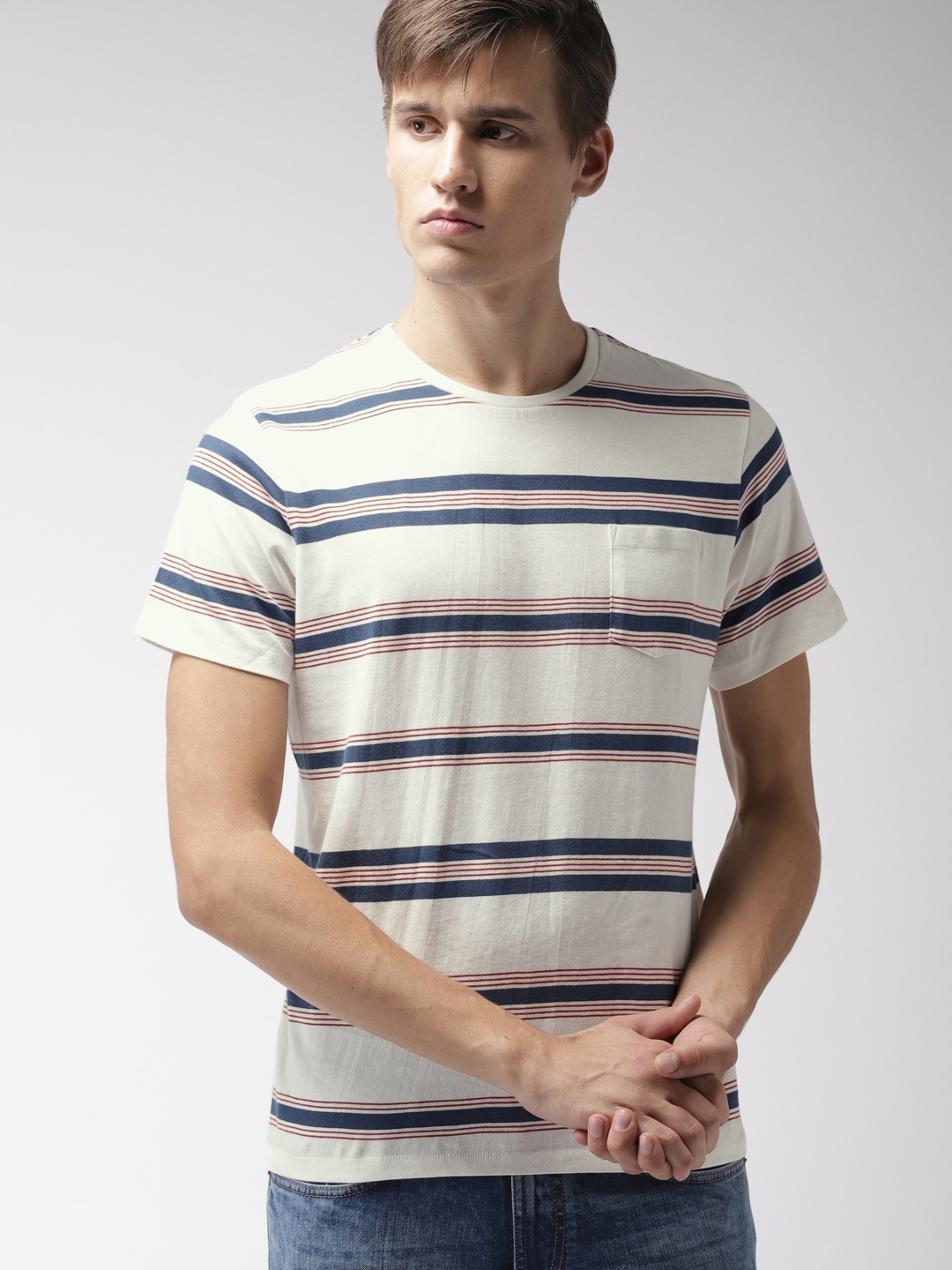 

Celio Men Off-White Striped Round Neck Pure Cotton T-shirt