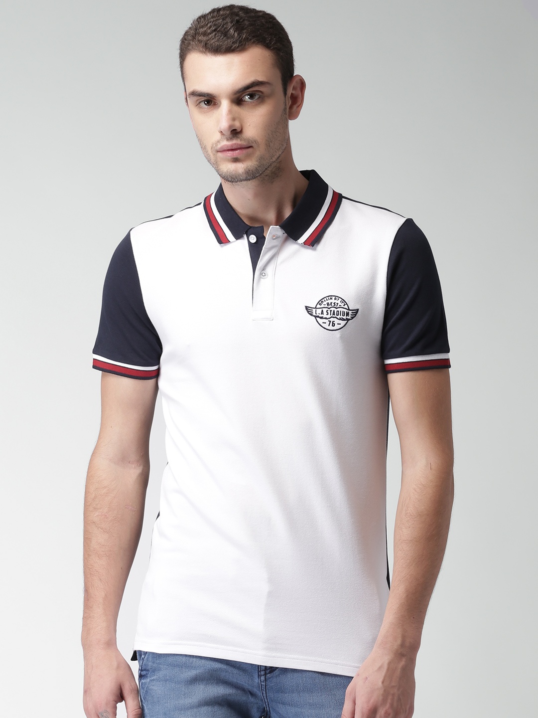 

Celio Men White & Navy Colourblocked Polo Collar T-shirt