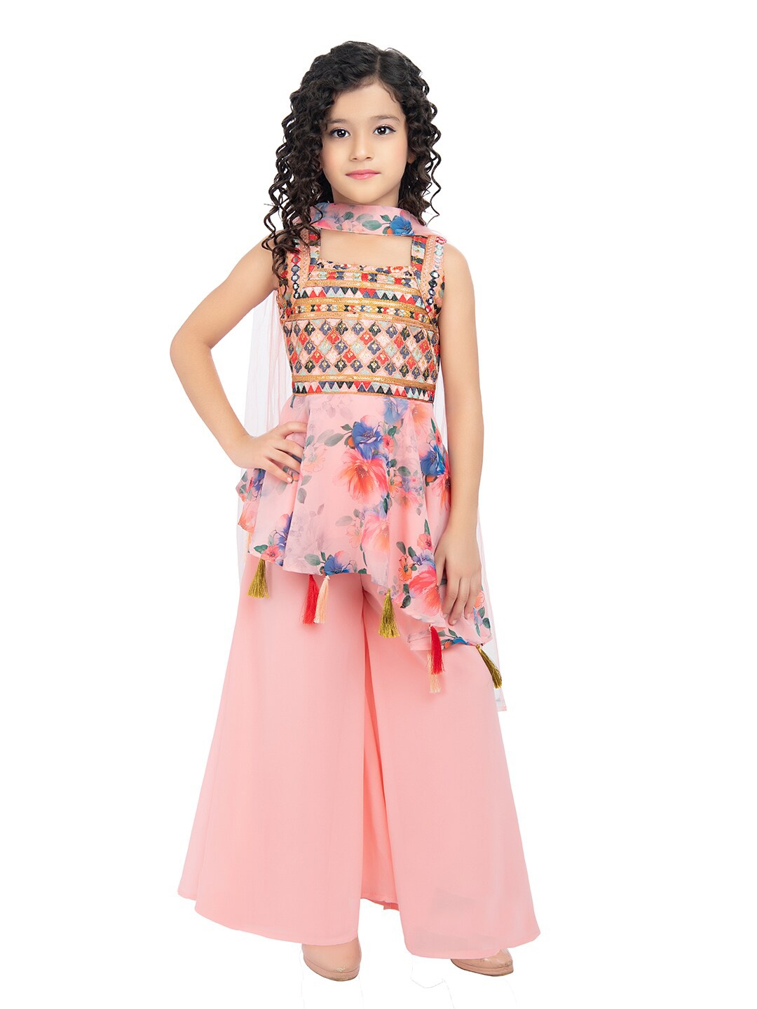 

Tiny Kingdom Girls Pink & Red Embellished Top with Palazzos