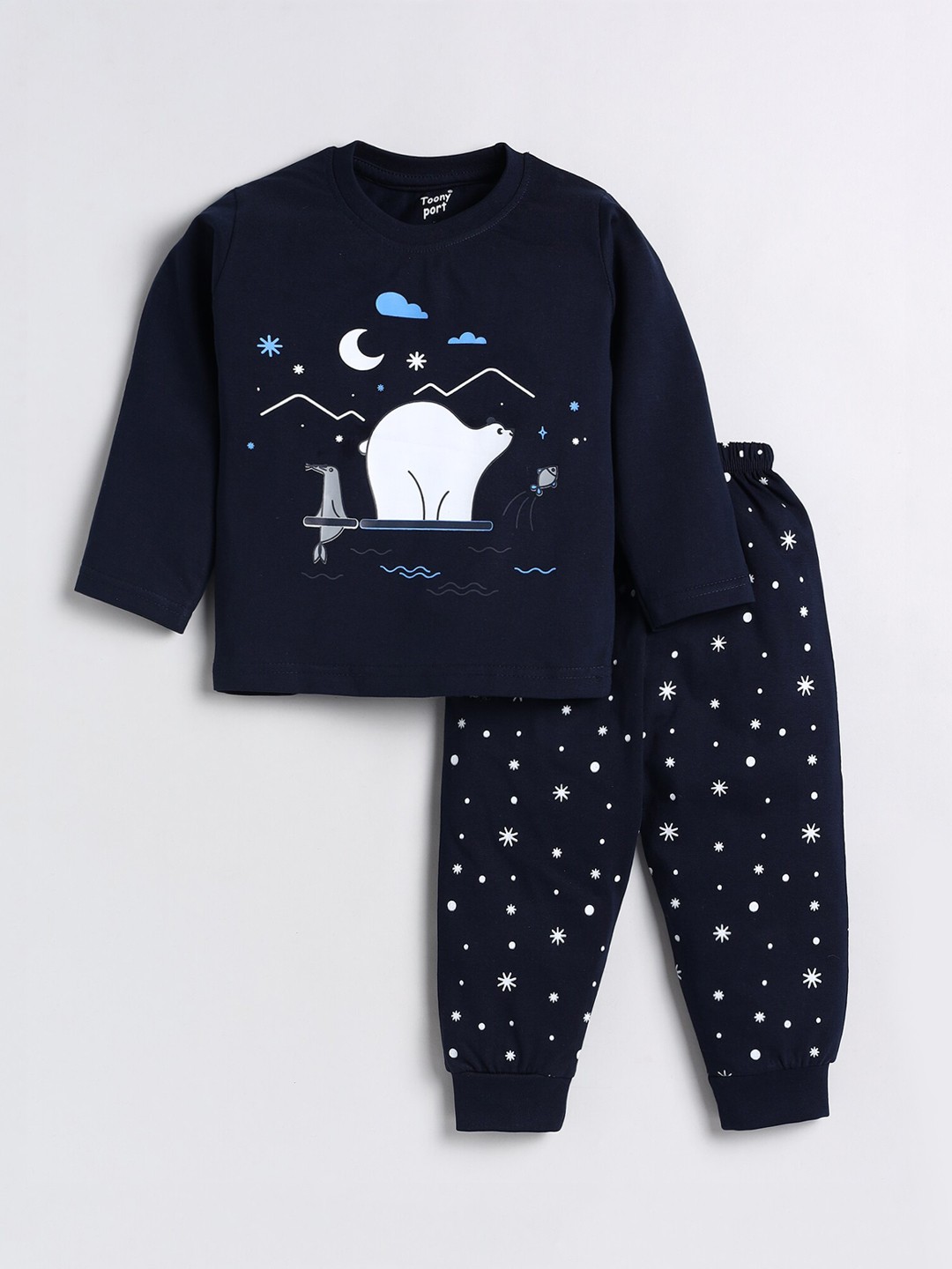 

Toonyport Kids Navy Blue & White Printed T-shirt with Jogger Set