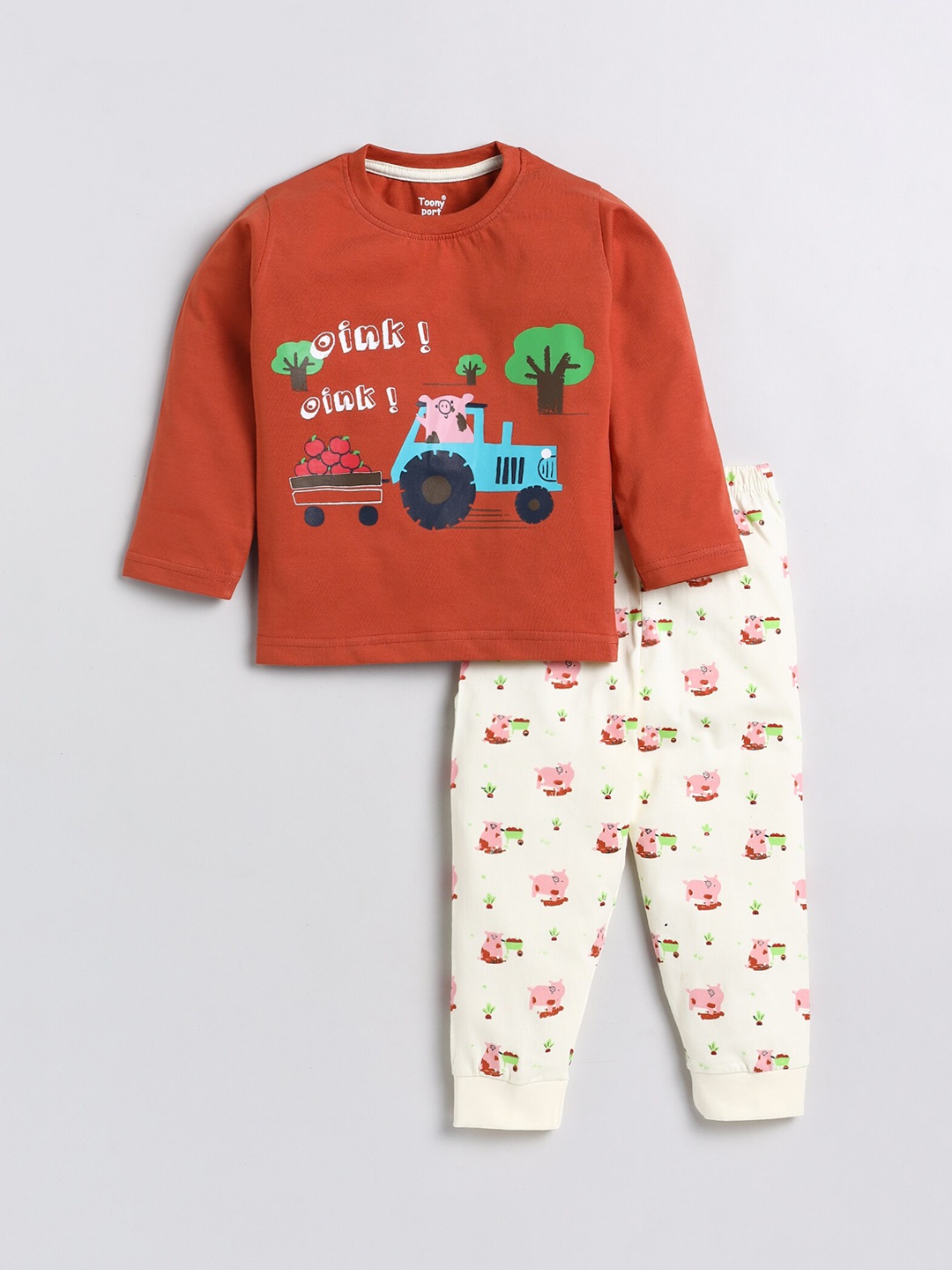 

Toonyport Unisex Kids Brown & Off White Printed T-shirt with Pyjamas