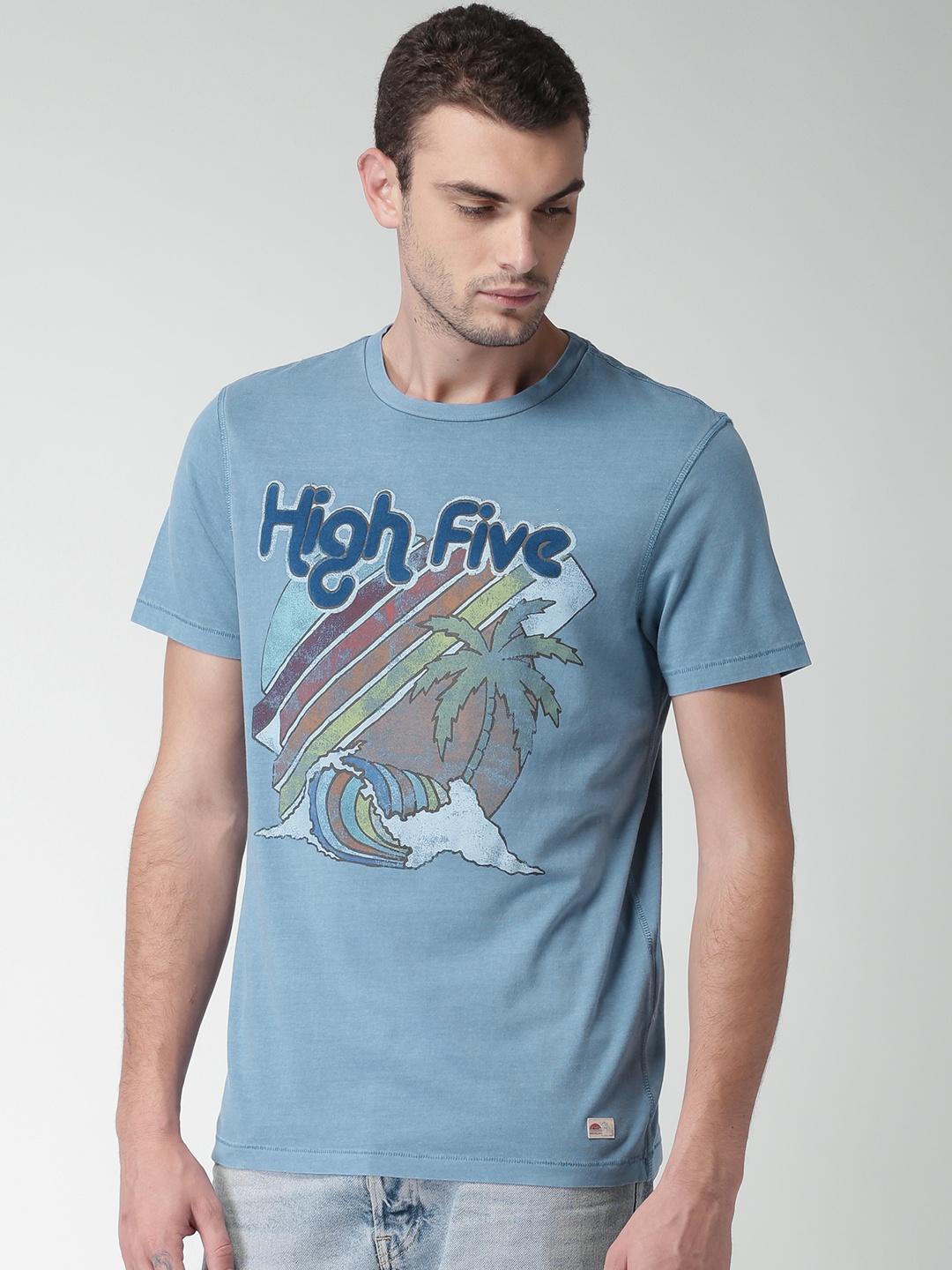 

Celio Men Blue Printed Round Neck Pure Cotton T-shirt