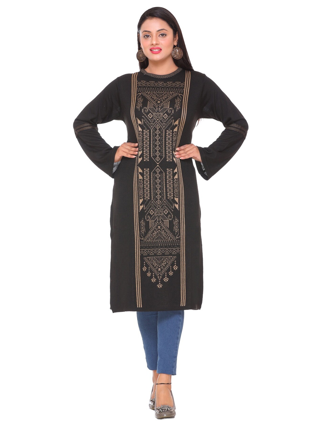 

KEIKO Women Black & Beige Floral Printed Longline Pullover