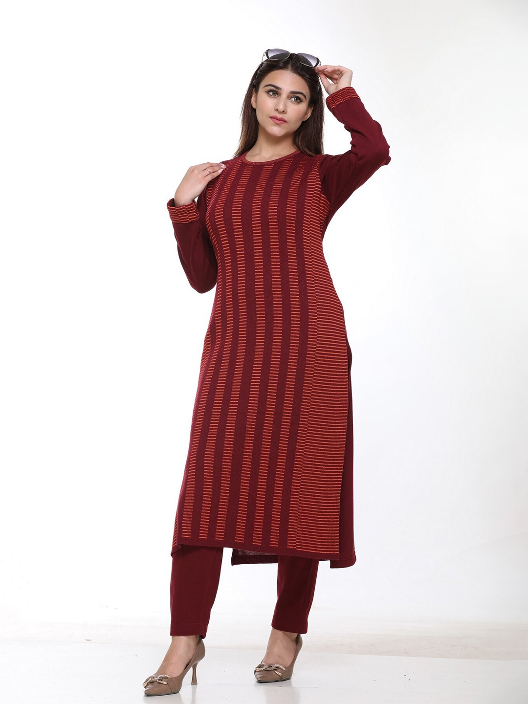 

KEIKO Women Maroon & Orange Striped Pullover