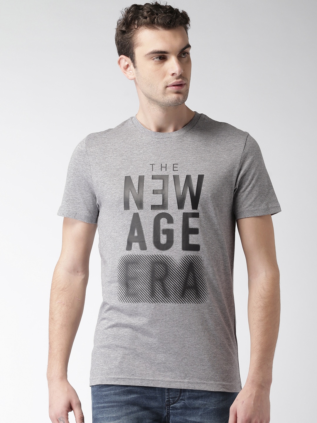 

Celio Men Grey Melange Printed Round Neck T-shirt