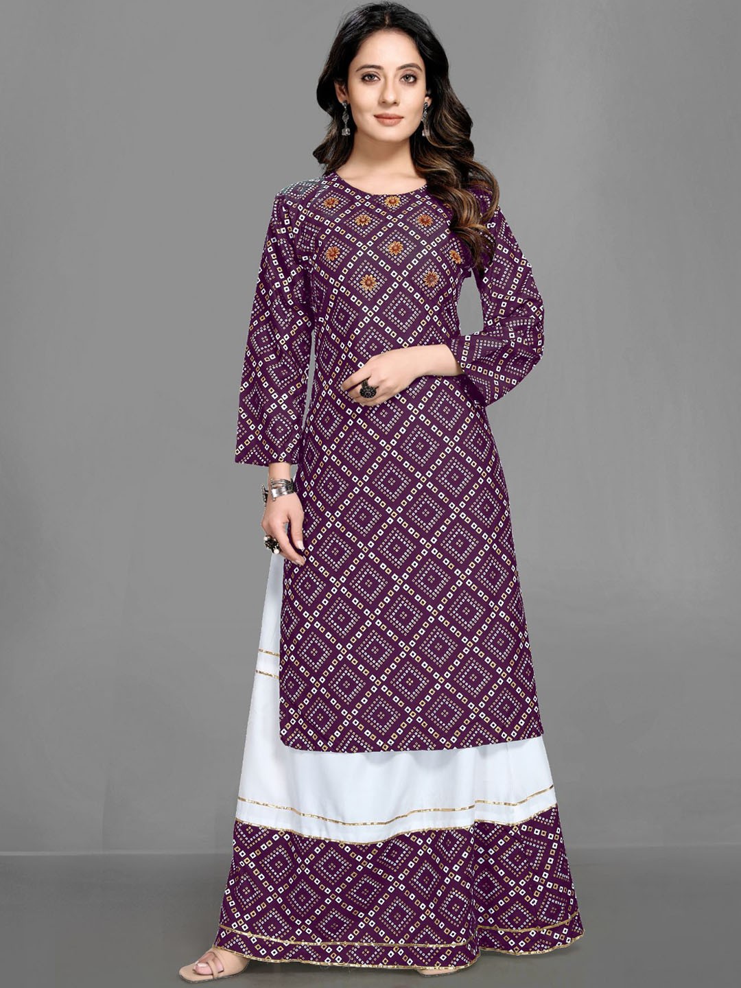 

Queenswear Creation Women Purple Ethnic Motifs Printed Beads and Stones Kurta with Skirt