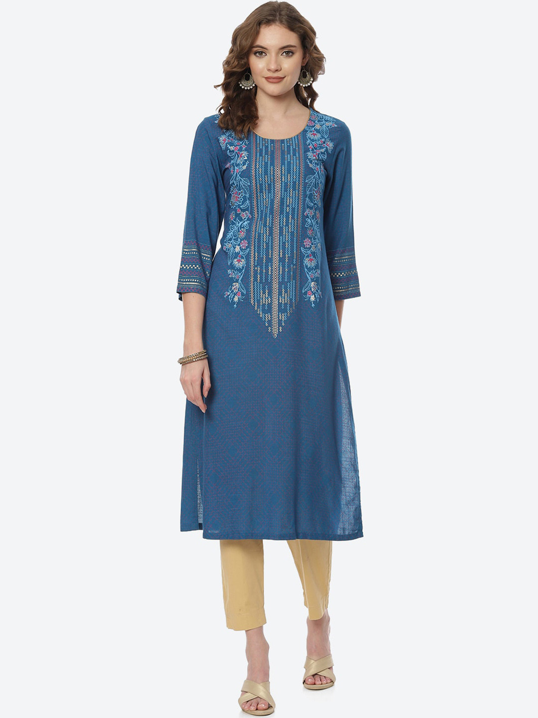 

Rangriti Women Blue Ethnic Motifs Embroidered Thread Work Kurta
