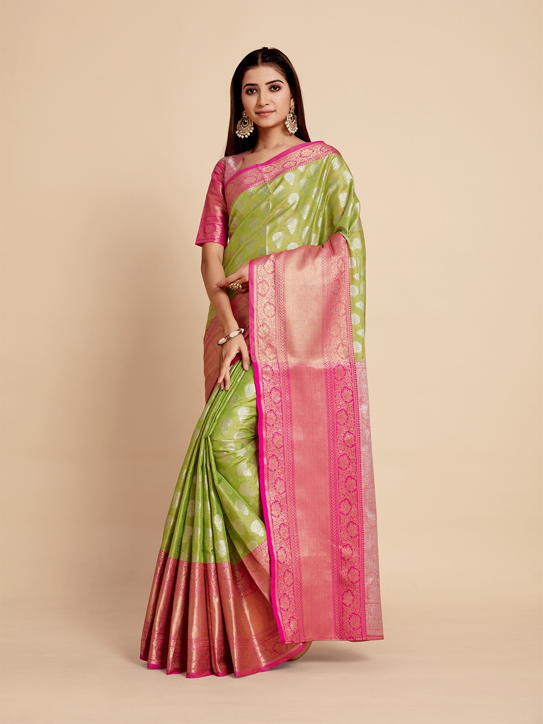 

MIMOSA Lime Green & Pink Ethnic Motifs Zari Art Silk Kanjeevaram Saree