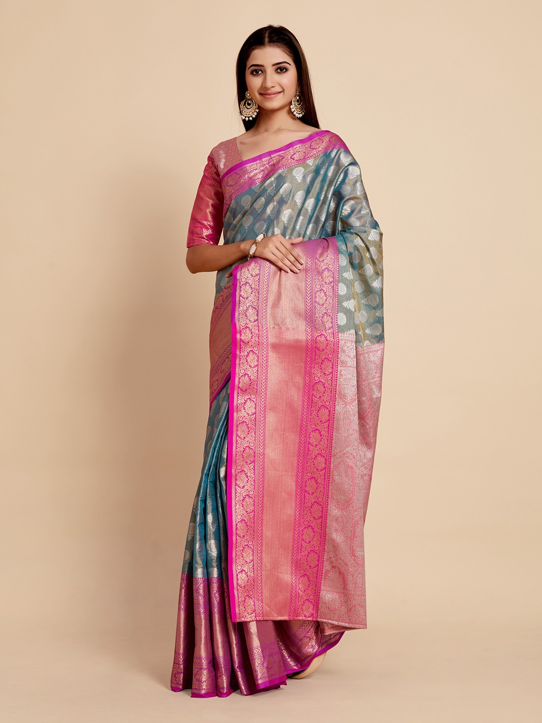 

MIMOSA Turquoise Blue & Pink Floral Zari Art Silk Kanjeevaram Saree