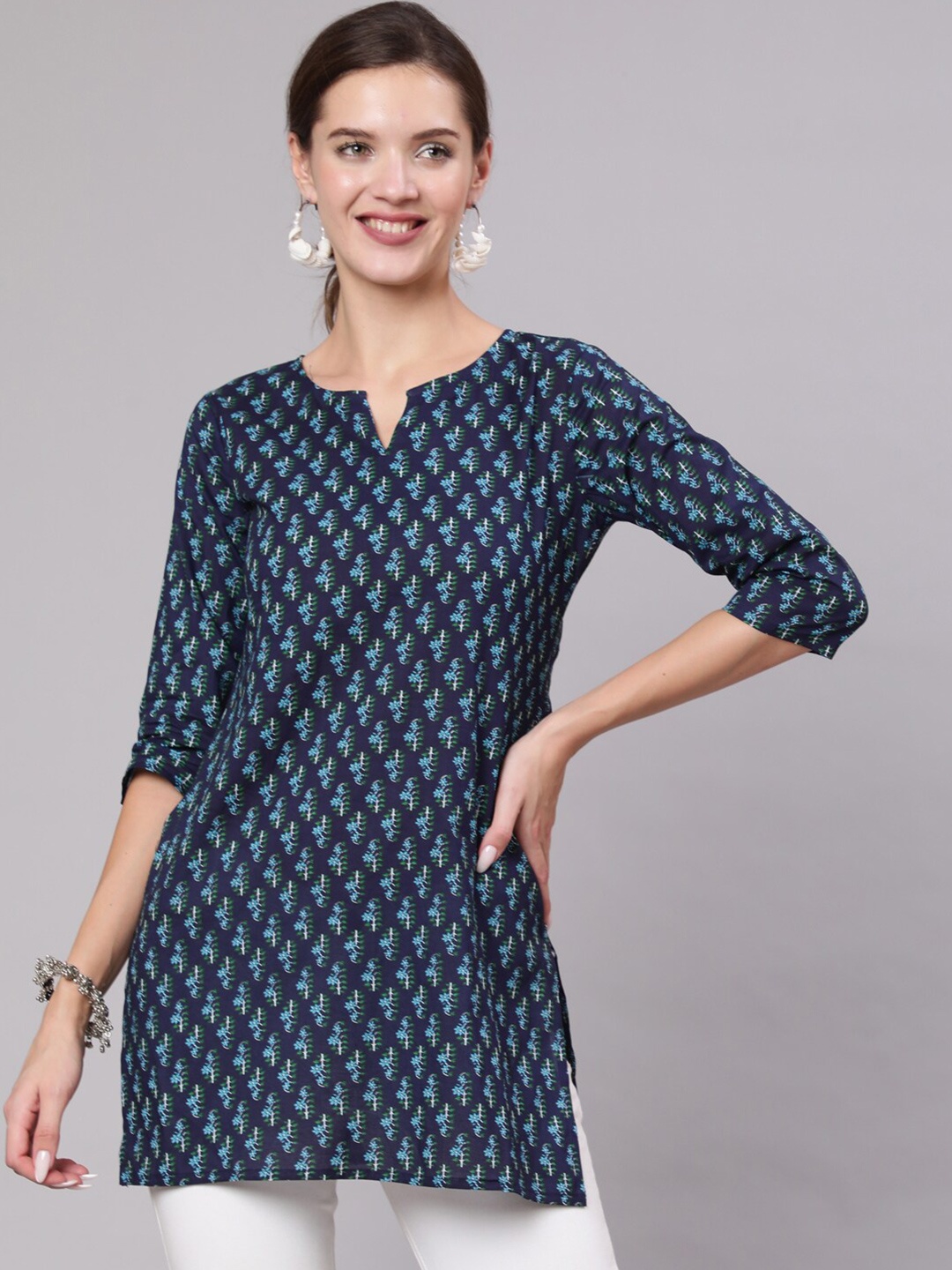 

Nayo Navy Blue & White Printed Tunic