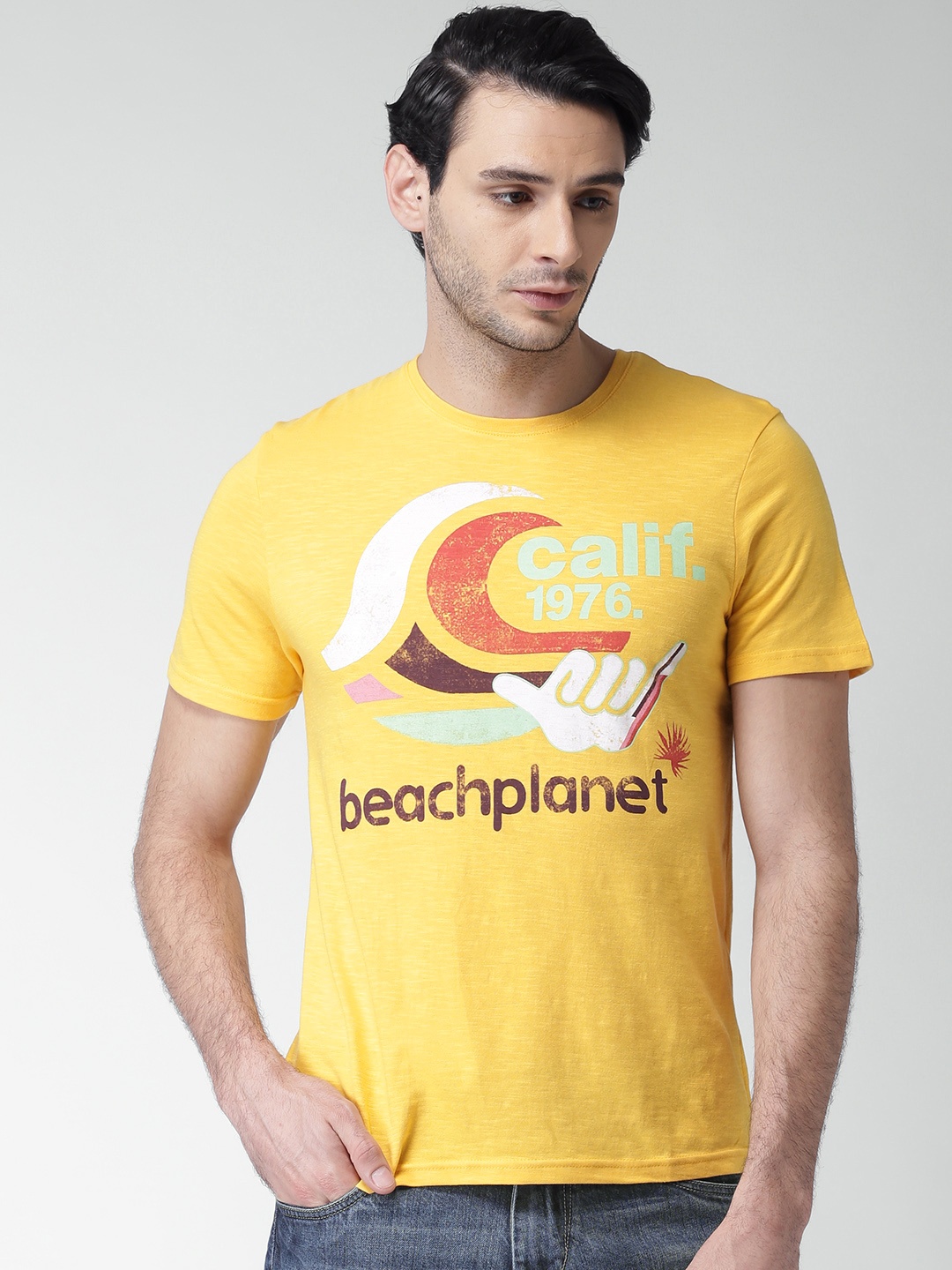

Celio Men Yellow Printed Round Neck Pure Cotton T-shirt