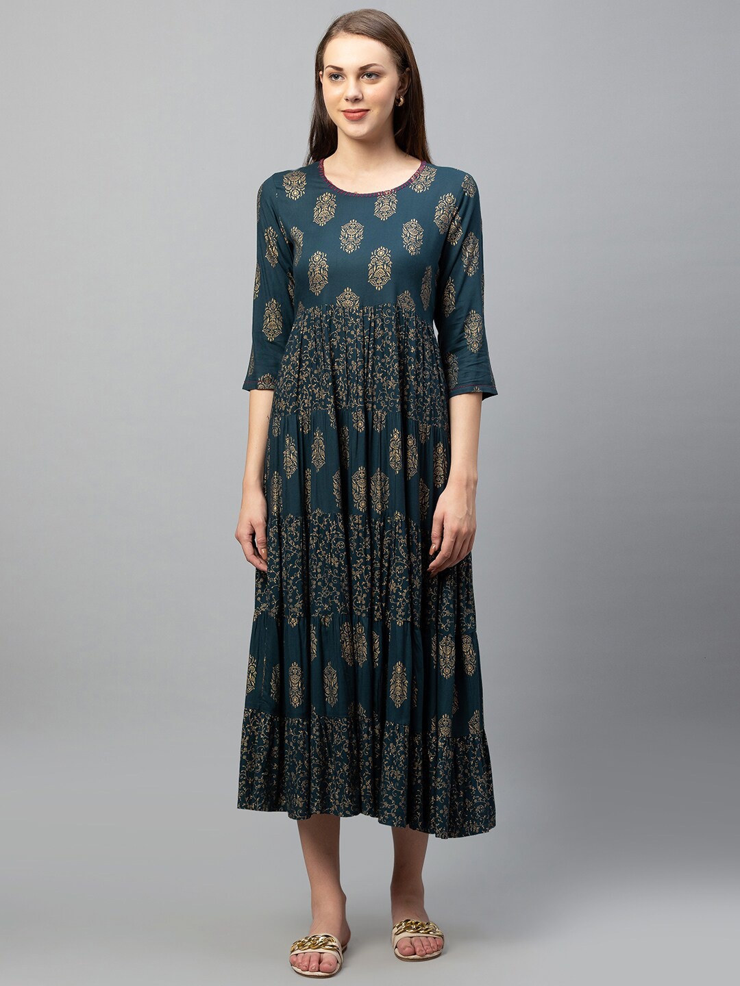 

Globus Teal Ethnic Motifs Ethnic Empire Midi Dress