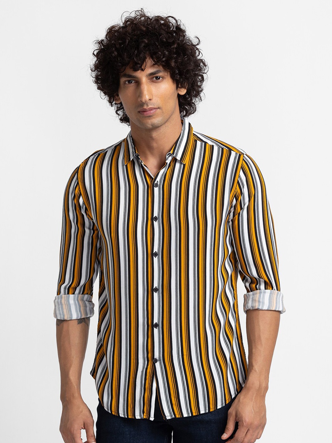 

Globus Men Yellow Striped Casual Shirt