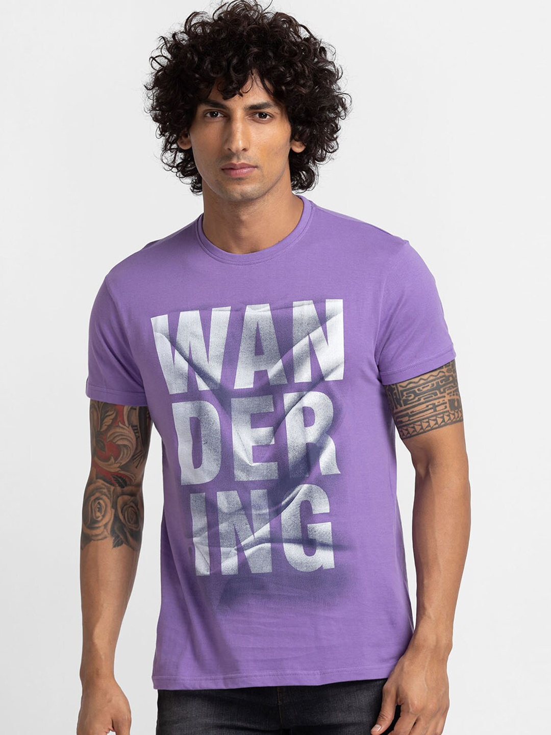 

Globus Men Lavender Printed Raw Edge T-shirt