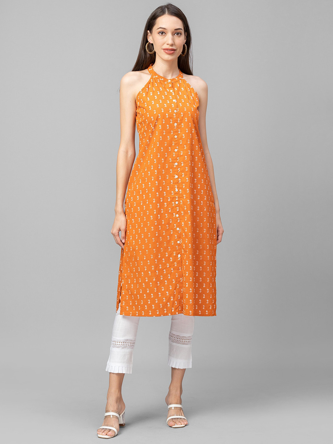 

Globus Women Orange Geometric Printed Thread Work Kurta