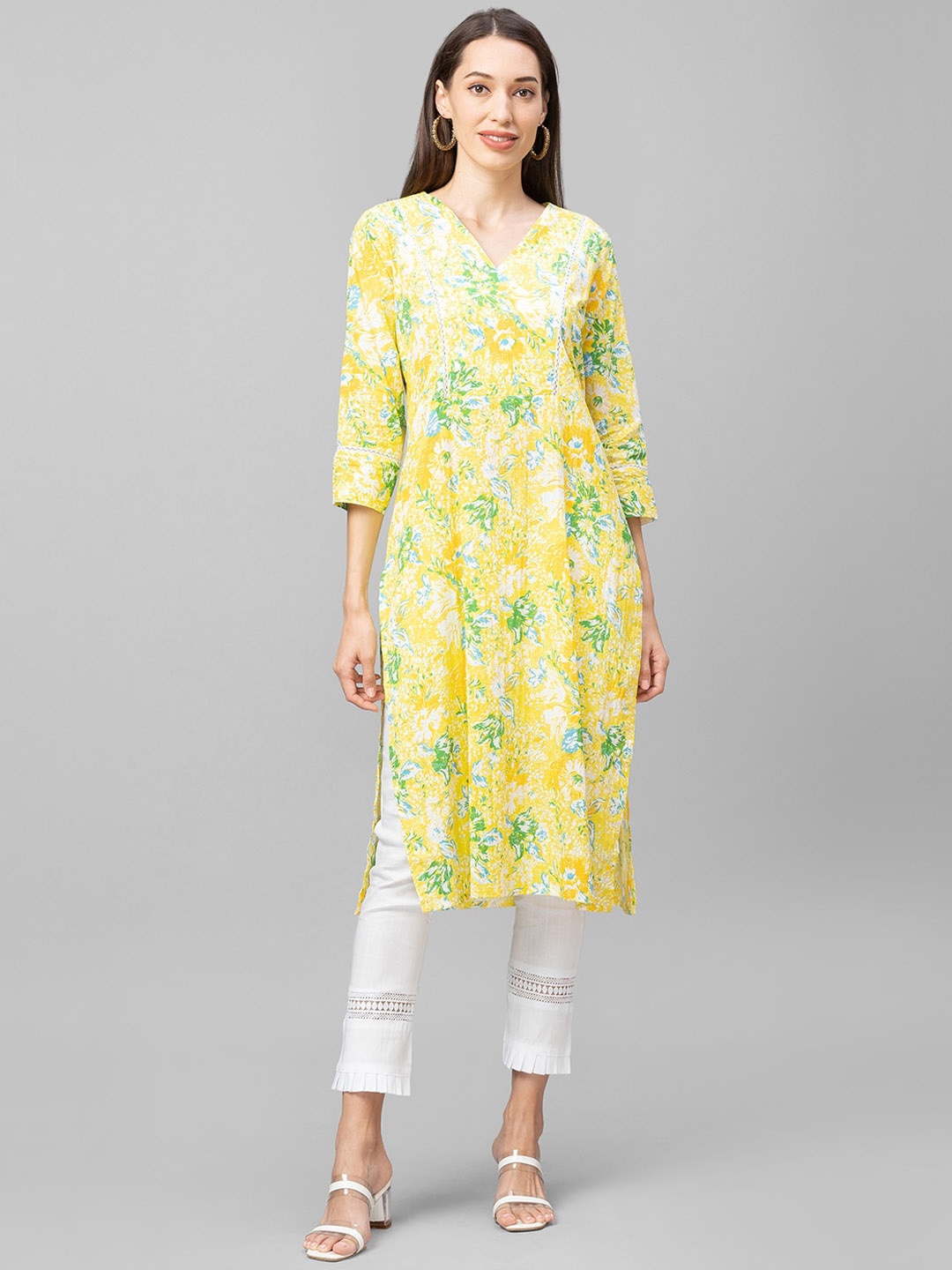 

Globus Women Yellow Printed Flared Sleeves Chikankari Kurta