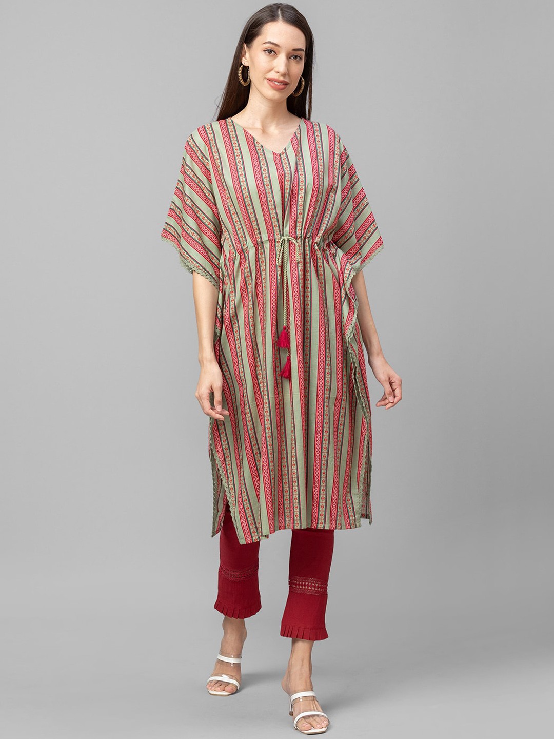 

Globus Women Green Striped Flared Sleeves Thread Work Kaftan Kurta