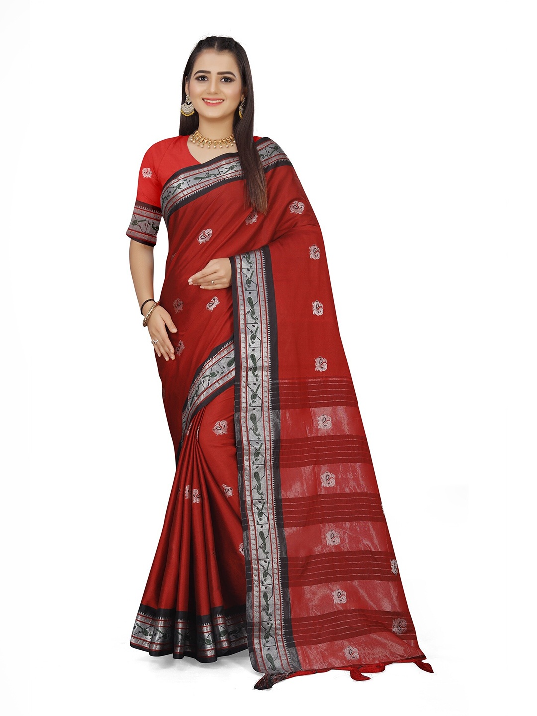 

Mitera Red & Silver-Toned Woven Design Zari Pure Cotton Kanjeevaram Saree