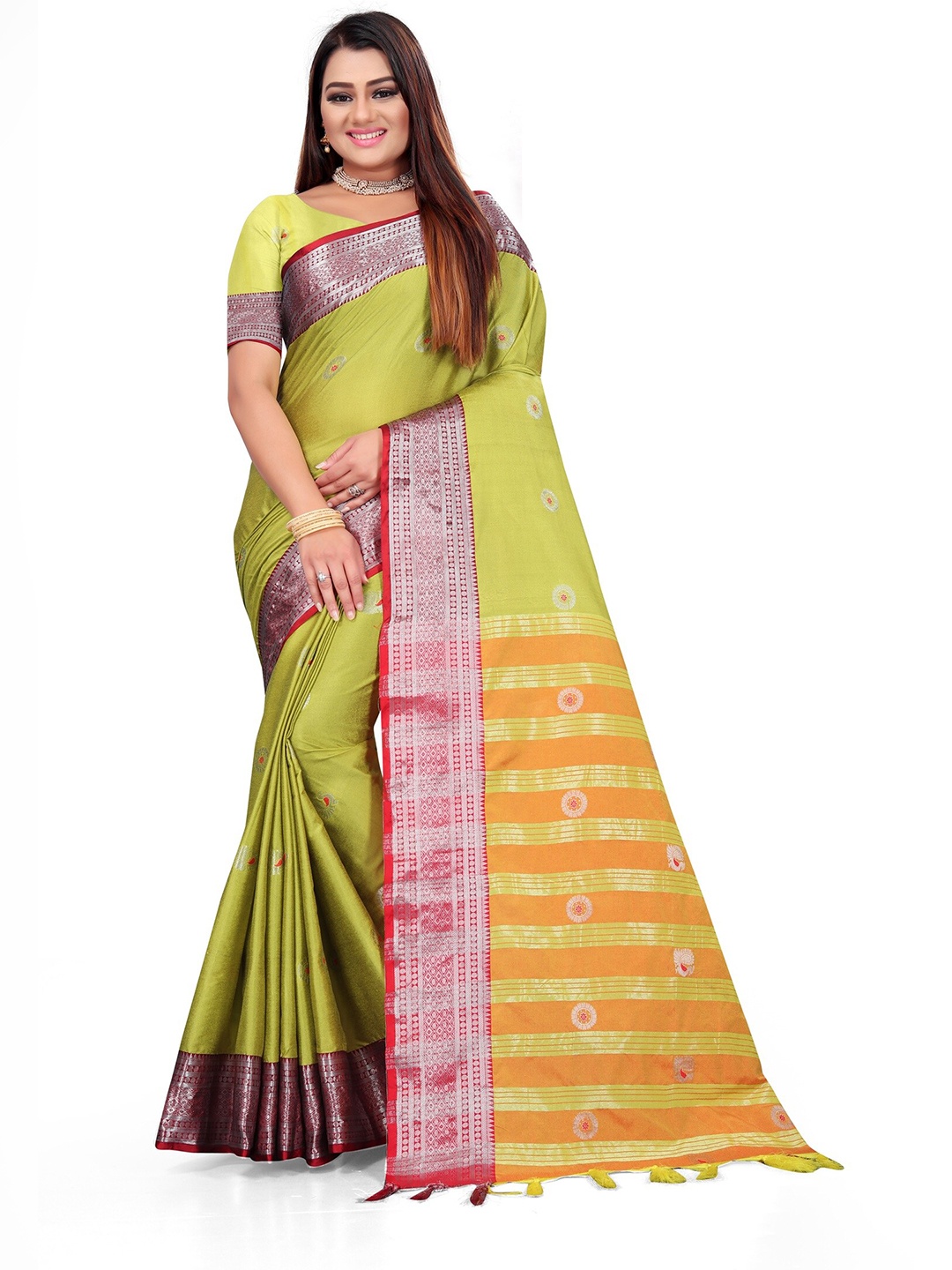 

Mitera Green & Yellow Woven Design Zari Pure Cotton Kanjeevaram Saree