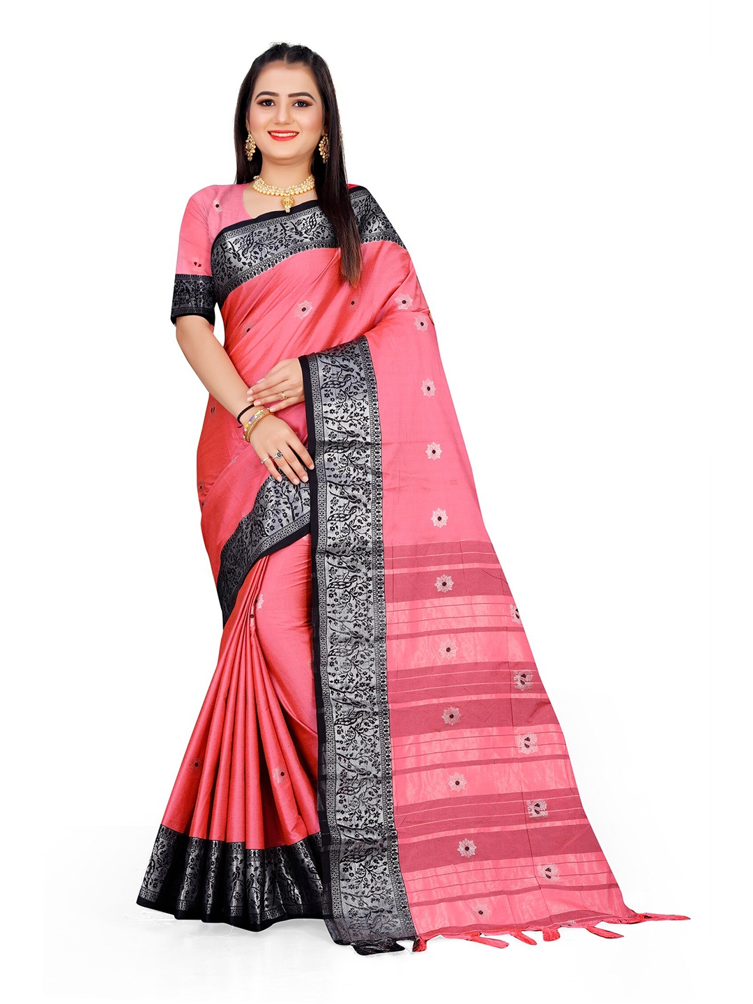 

Mitera Pink & Black Woven Design Zari Pure Cotton Kanjeevaram Saree