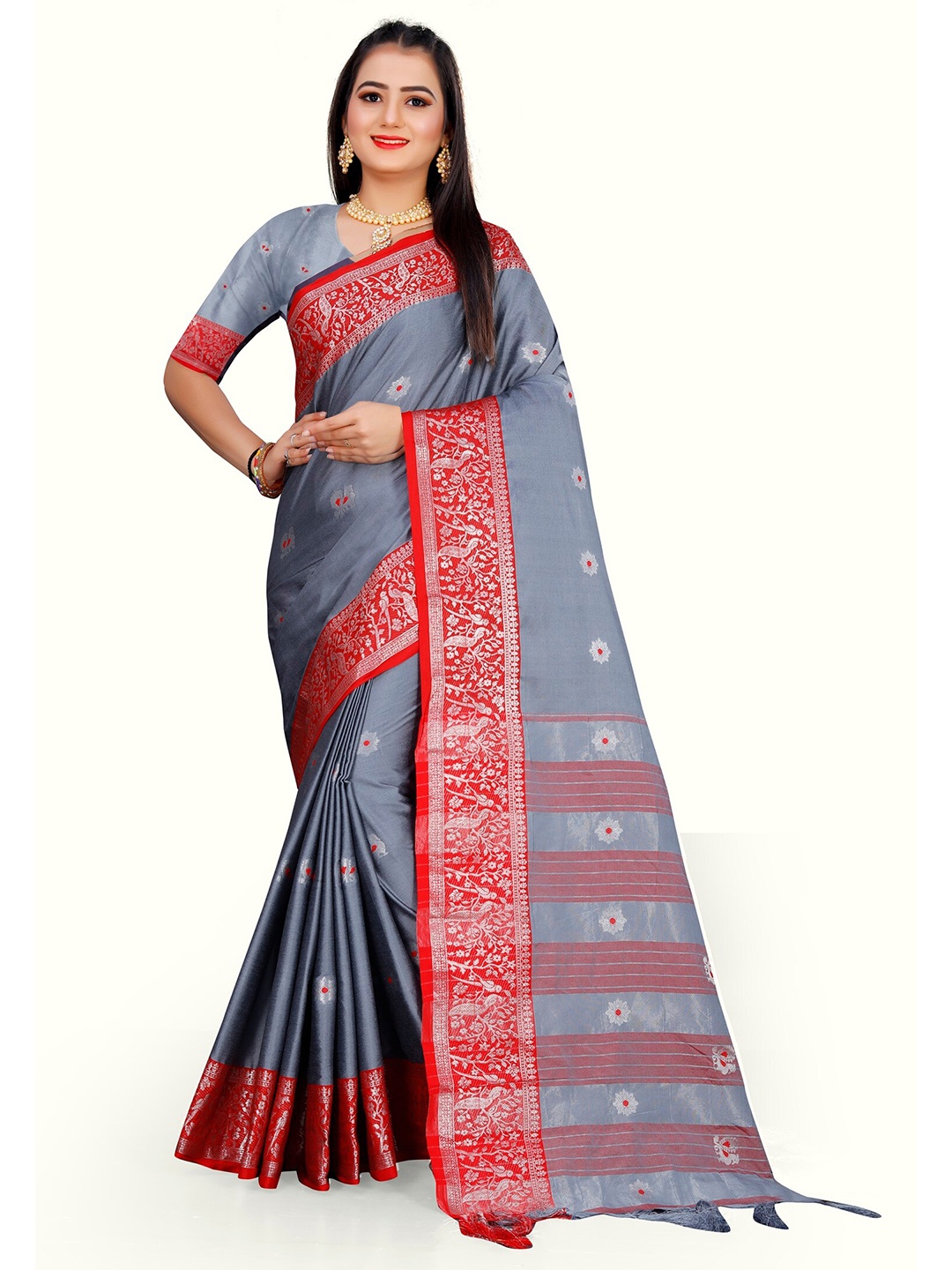 

Mitera Silver-Toned & Red Woven Design Zari Pure Cotton Kanjeevaram Saree