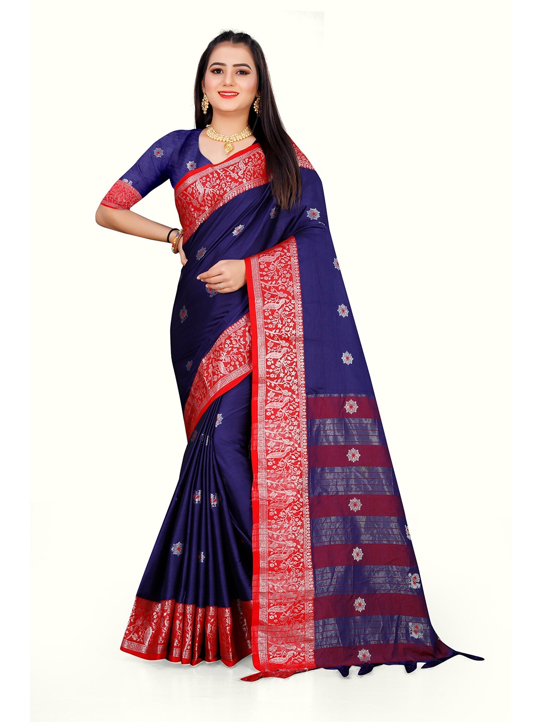 

Mitera Blue & Red Woven Design Zari Pure Cotton Kanjeevaram Saree