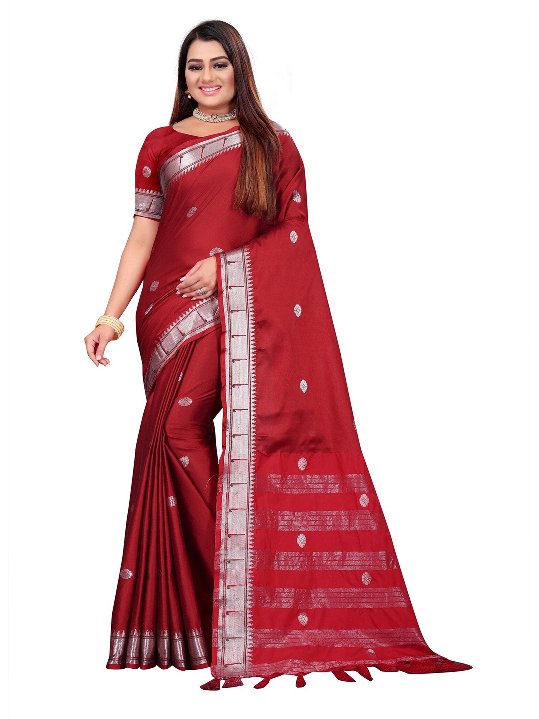 

Mitera Red & Silver-Toned Woven Design Zari Pure Cotton Kanjeevaram Saree