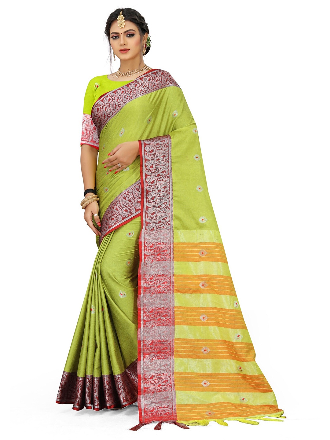 

Mitera Green & Red Woven Design Zari Pure Cotton Kanjeevaram Saree