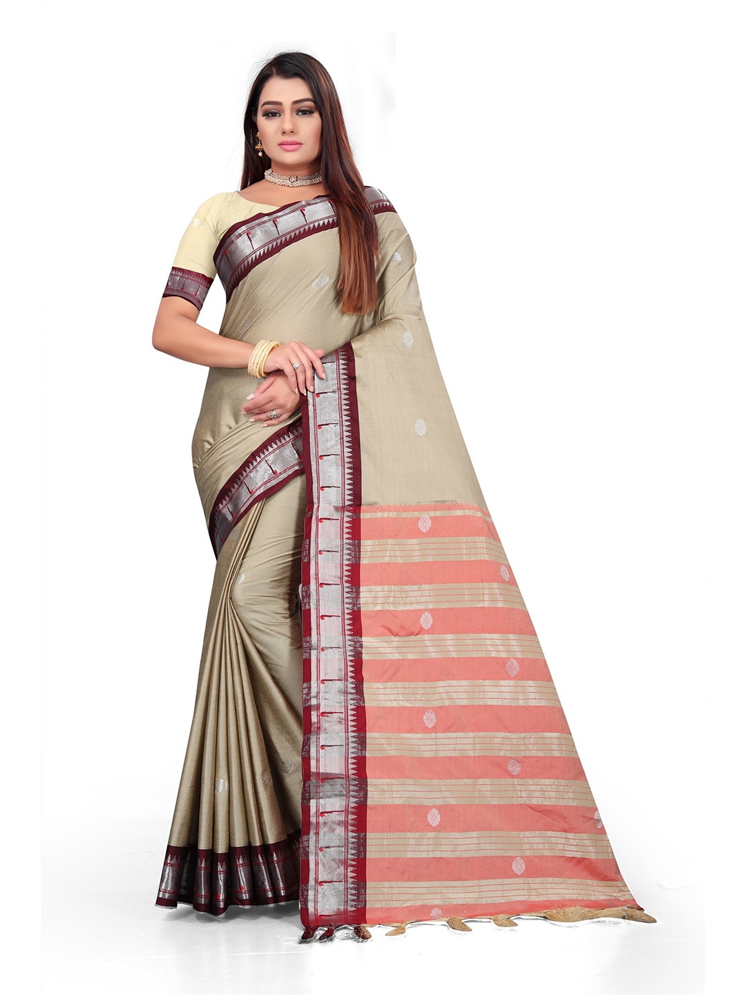 

Mitera Cream-Coloured & Maroon Woven Design Zari Pure Cotton Kanjeevaram Saree
