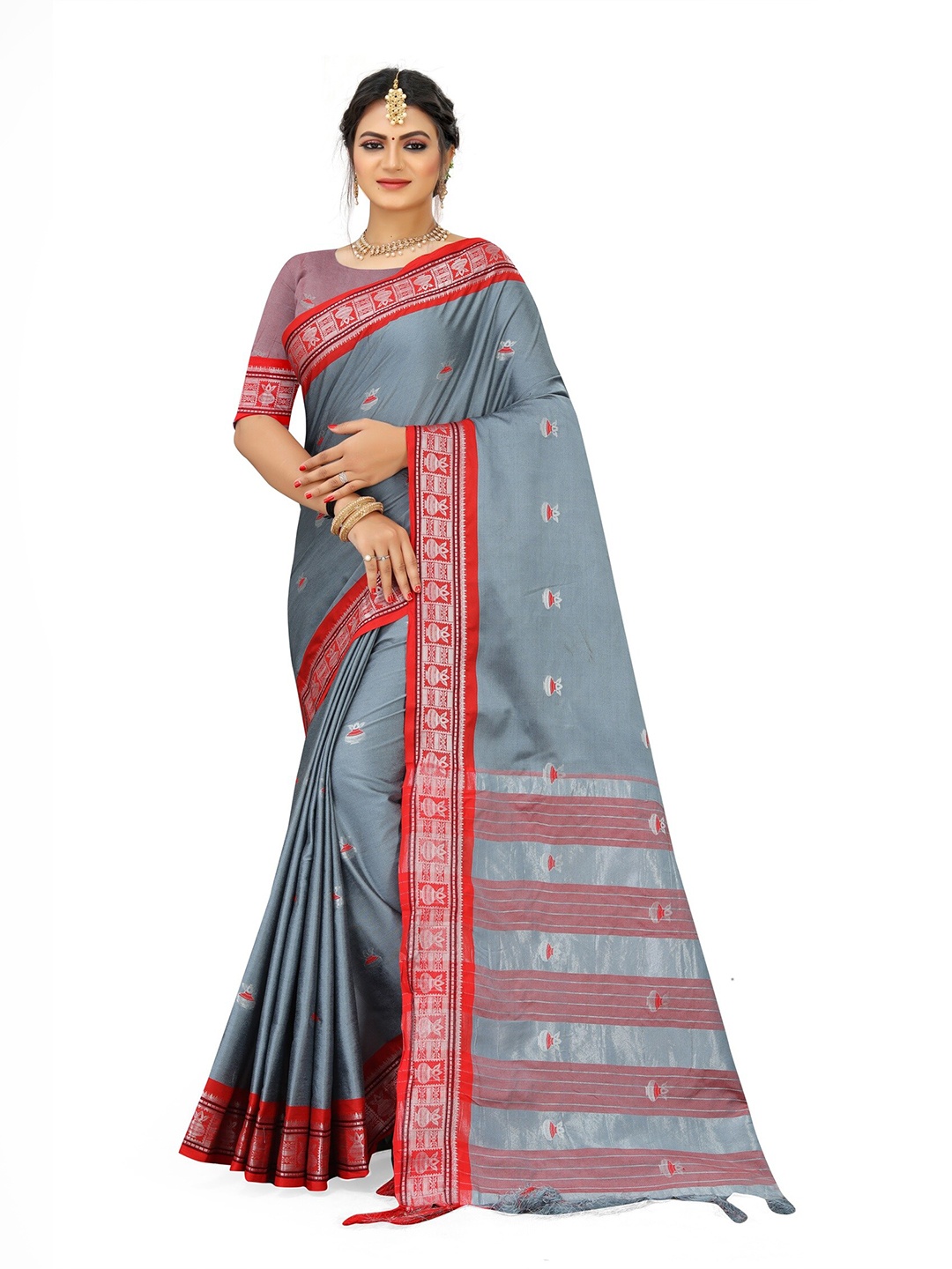 

Mitera Silver-Toned & Red Woven Design Zari Pure Cotton Kanjeevaram Saree