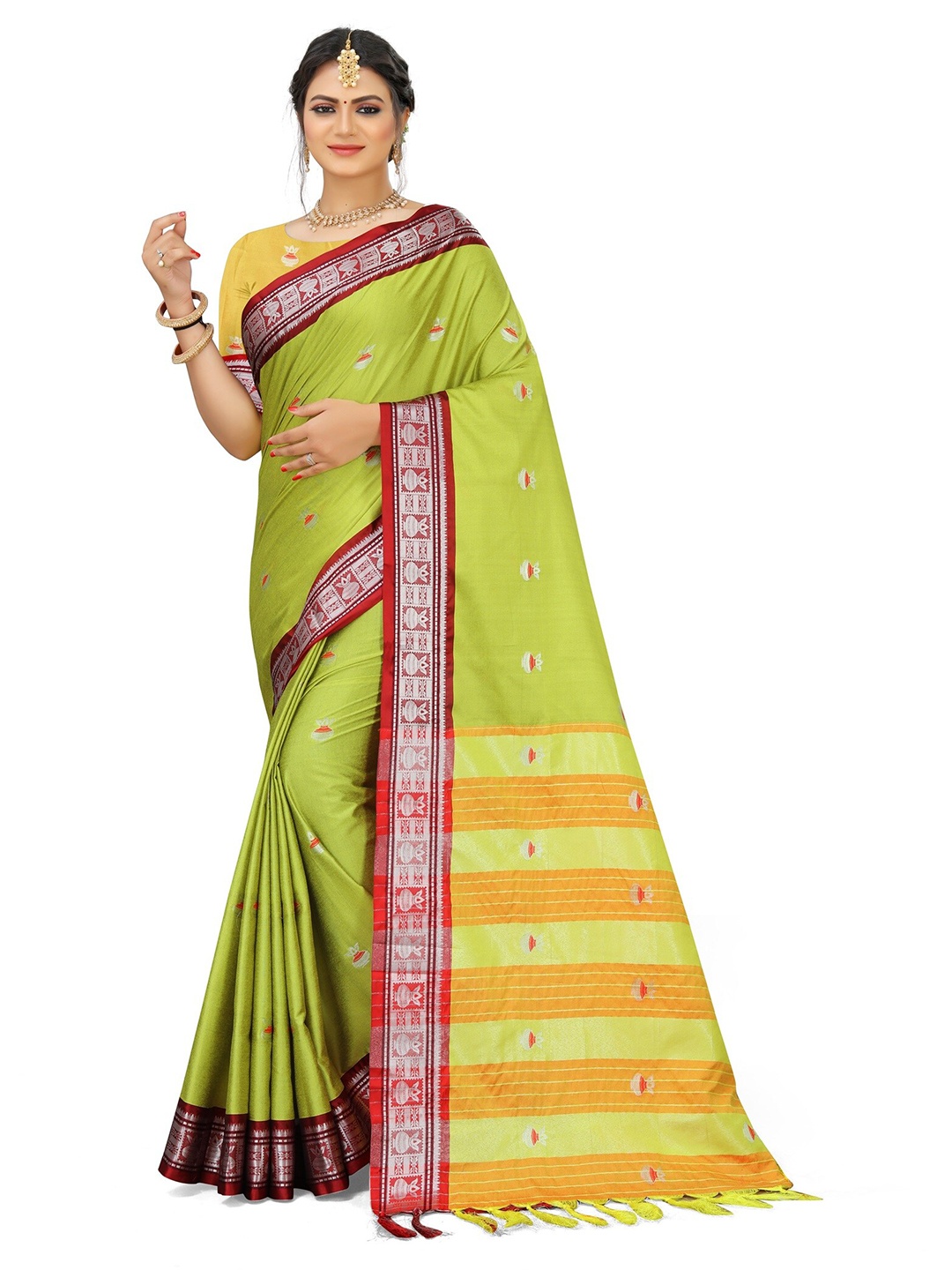 

Mitera Green & Yellow Woven Design Zari Pure Cotton Kanjeevaram Saree