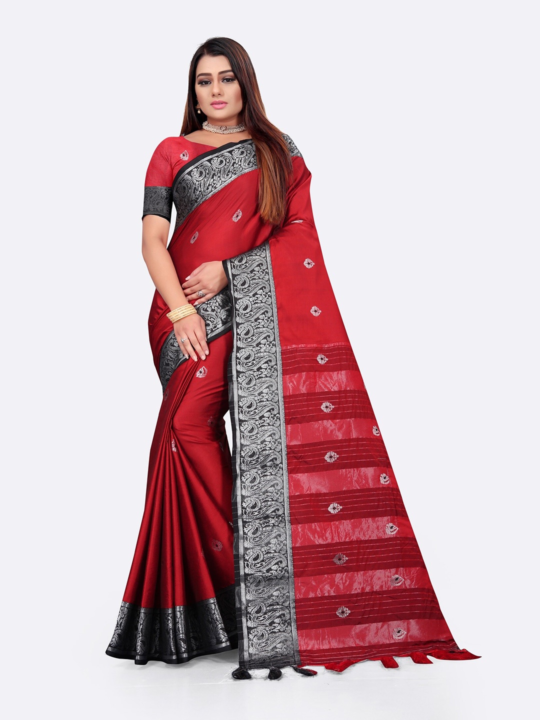 

Mitera Red & Black Woven Design Zari Pure Cotton Kanjeevaram Saree