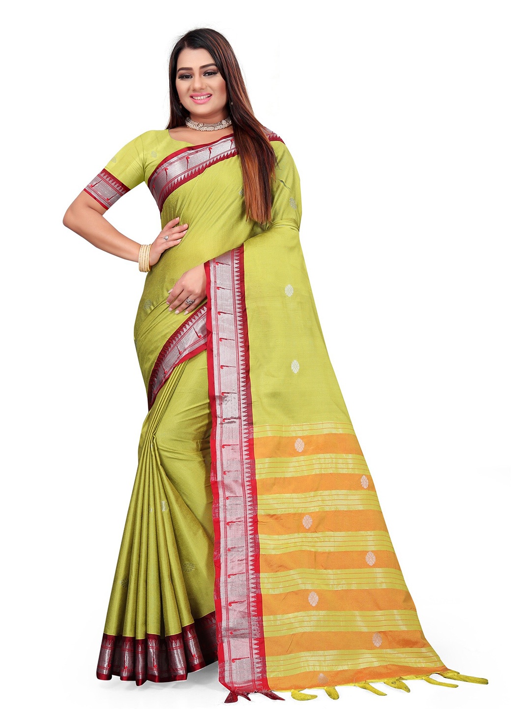 

Mitera Green & Yellow Woven Design Zari Pure Cotton Kanjeevaram Saree