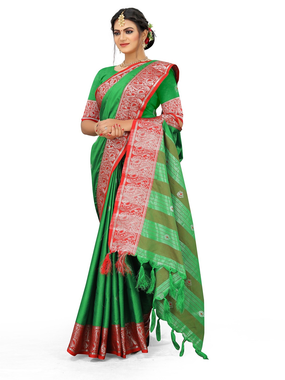 

Mitera Green & Red Woven Design Zari Pure Cotton Kanjeevaram Saree
