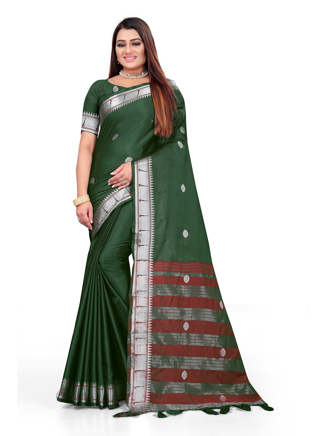

Mitera Green & Red Woven Design Zari Pure Cotton Kanjeevaram Saree