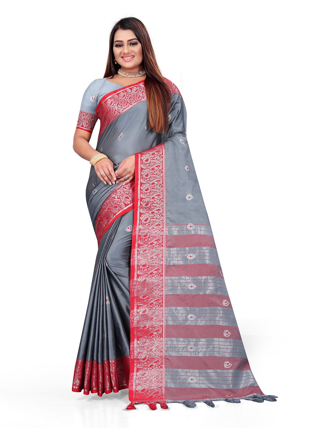 

Mitera Silver-Toned & Red Woven Design Zari Pure Cotton Kanjeevaram Saree