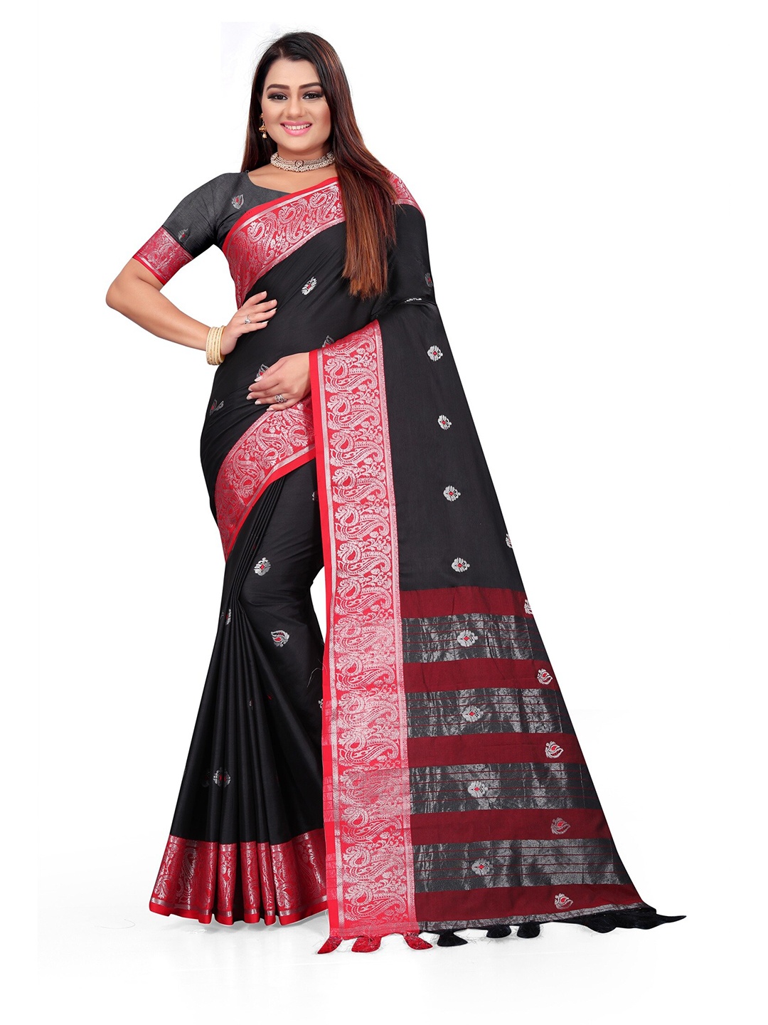 

Mitera Black & Pink Woven Design Zari Pure Cotton Kanjeevaram Saree