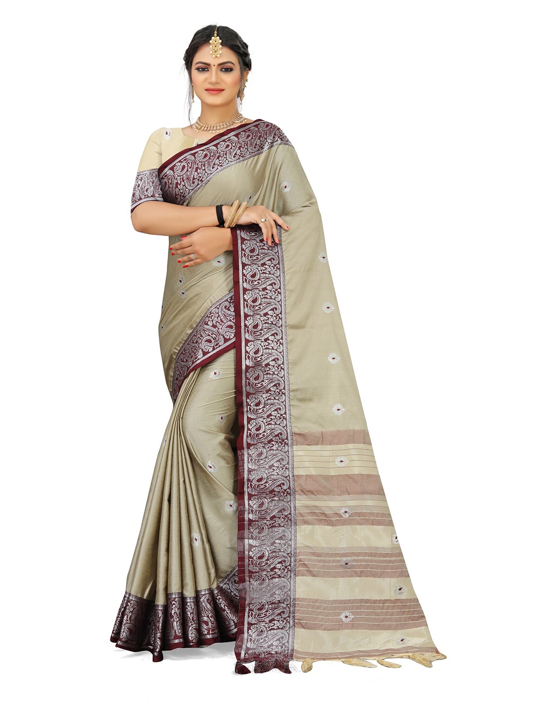 

Mitera Cream-Coloured & Maroon Woven Design Zari Pure Cotton Kanjeevaram Saree