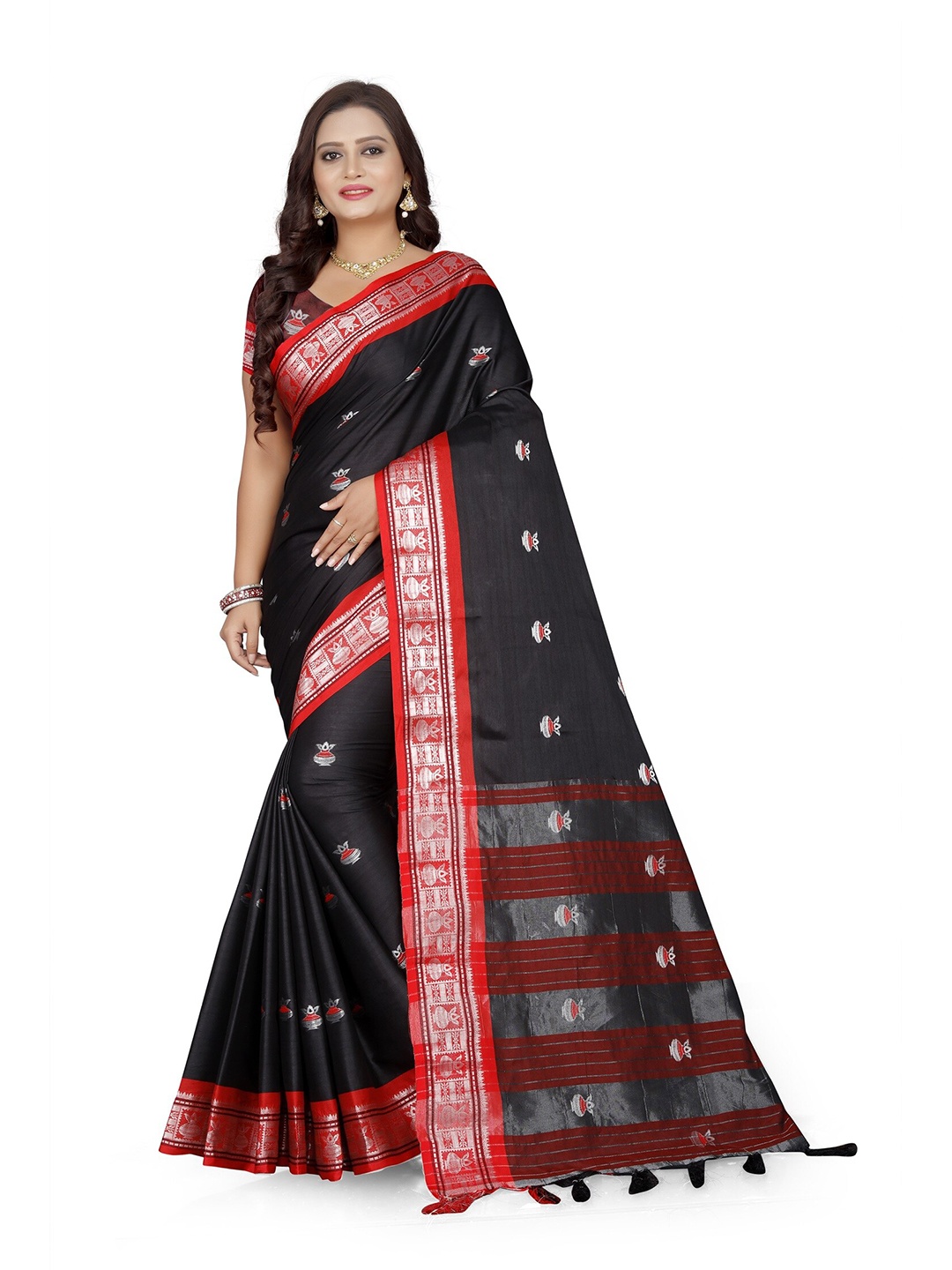 

Mitera Black & Red Woven Design Zari Pure Cotton Kanjeevaram Saree