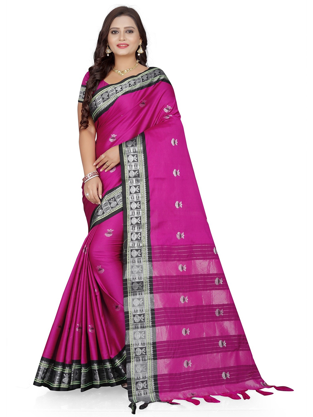

Mitera Pink & Black Woven Design Zari Pure Cotton Kanjeevaram Saree