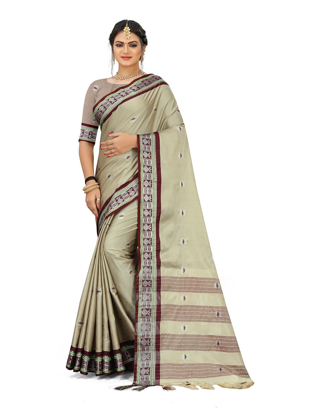 

Mitera Cream-Coloured & Silver-Toned Woven Design Zari Pure Cotton Kanjeevaram Saree