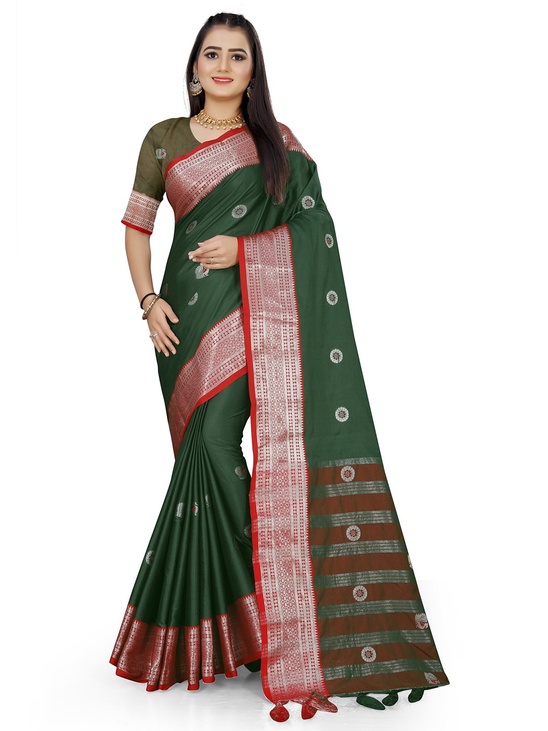 

Mitera Green & Red Woven Design Zari Pure Cotton Kanjeevaram Saree