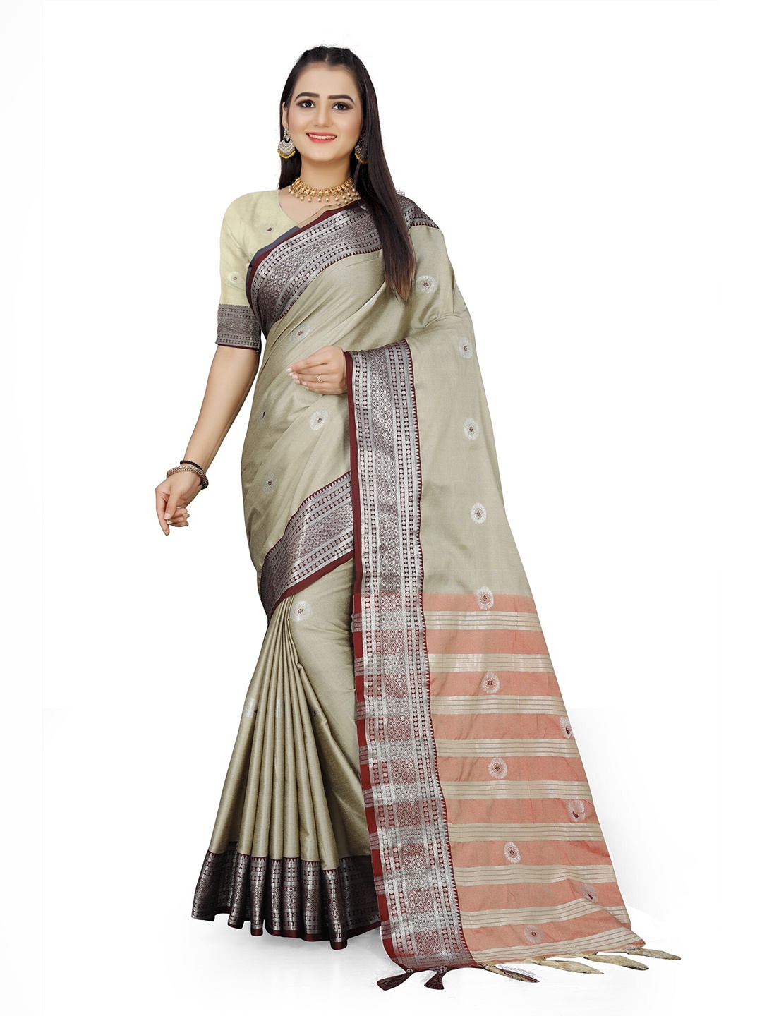 

Mitera Cream-Coloured & Silver-Toned Woven Design Zari Pure Cotton Kanjeevaram Saree