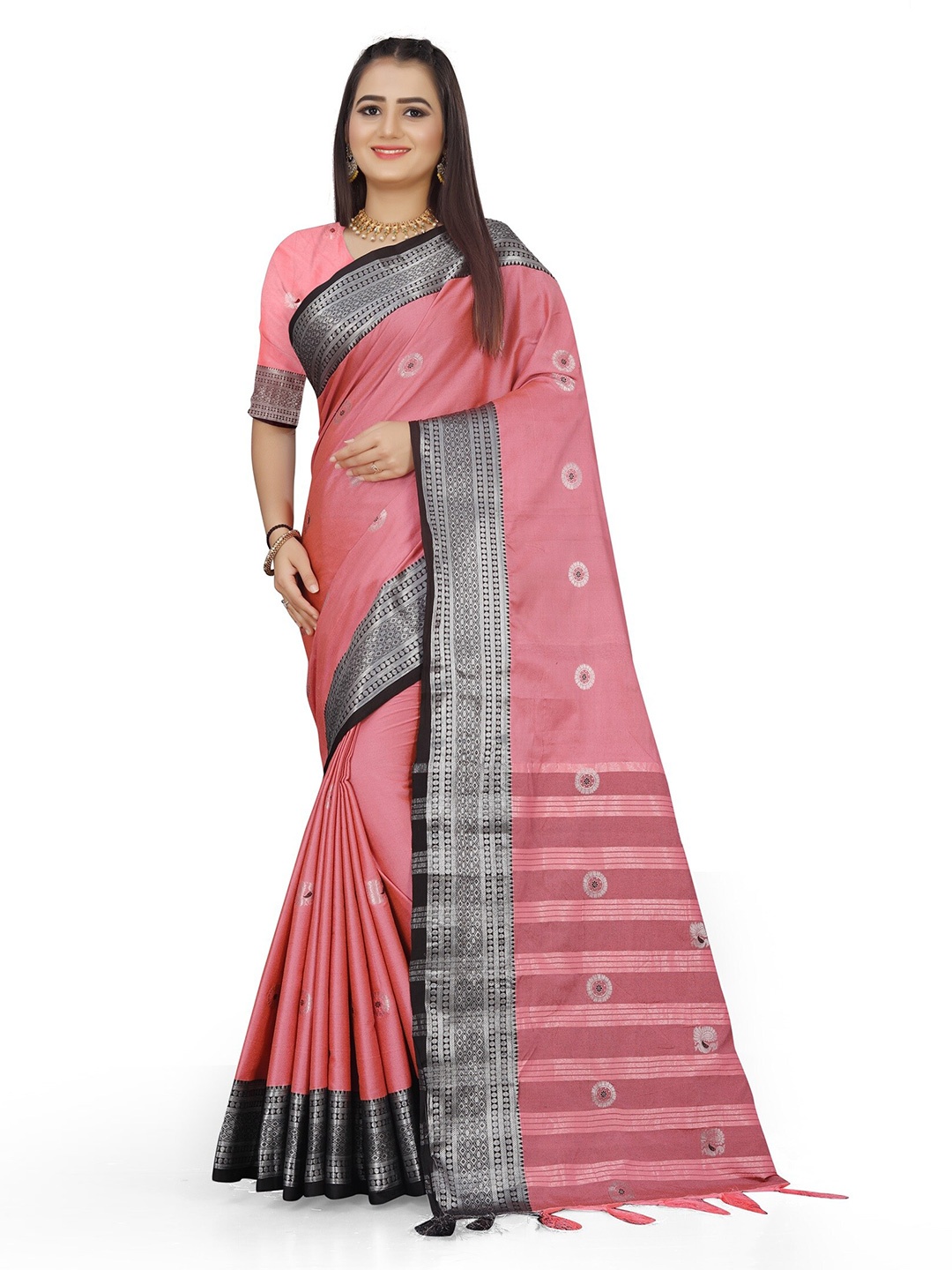 

Mitera Pink & Black Woven Design Zari Pure Cotton Kanjeevaram Saree
