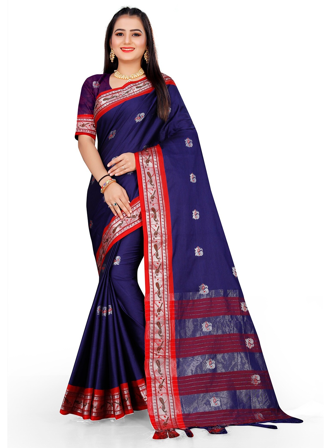 

Mitera Blue & Red Woven Design Zari Pure Cotton Kanjeevaram Saree