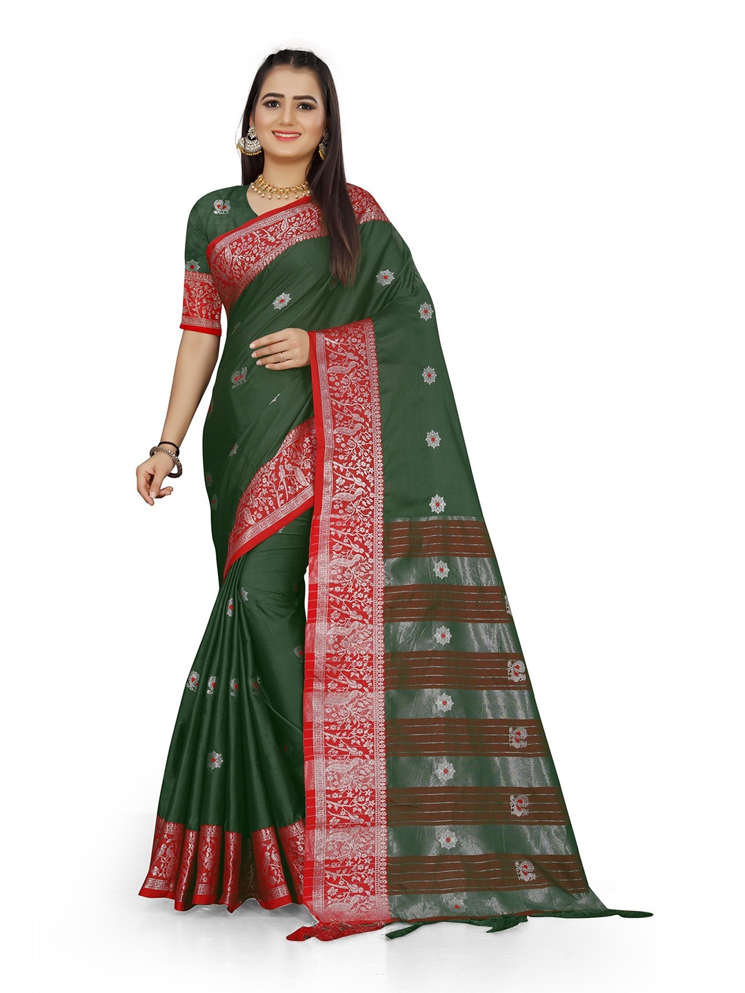 

Mitera Green & Red Woven Design Zari Pure Cotton Kanjeevaram Saree