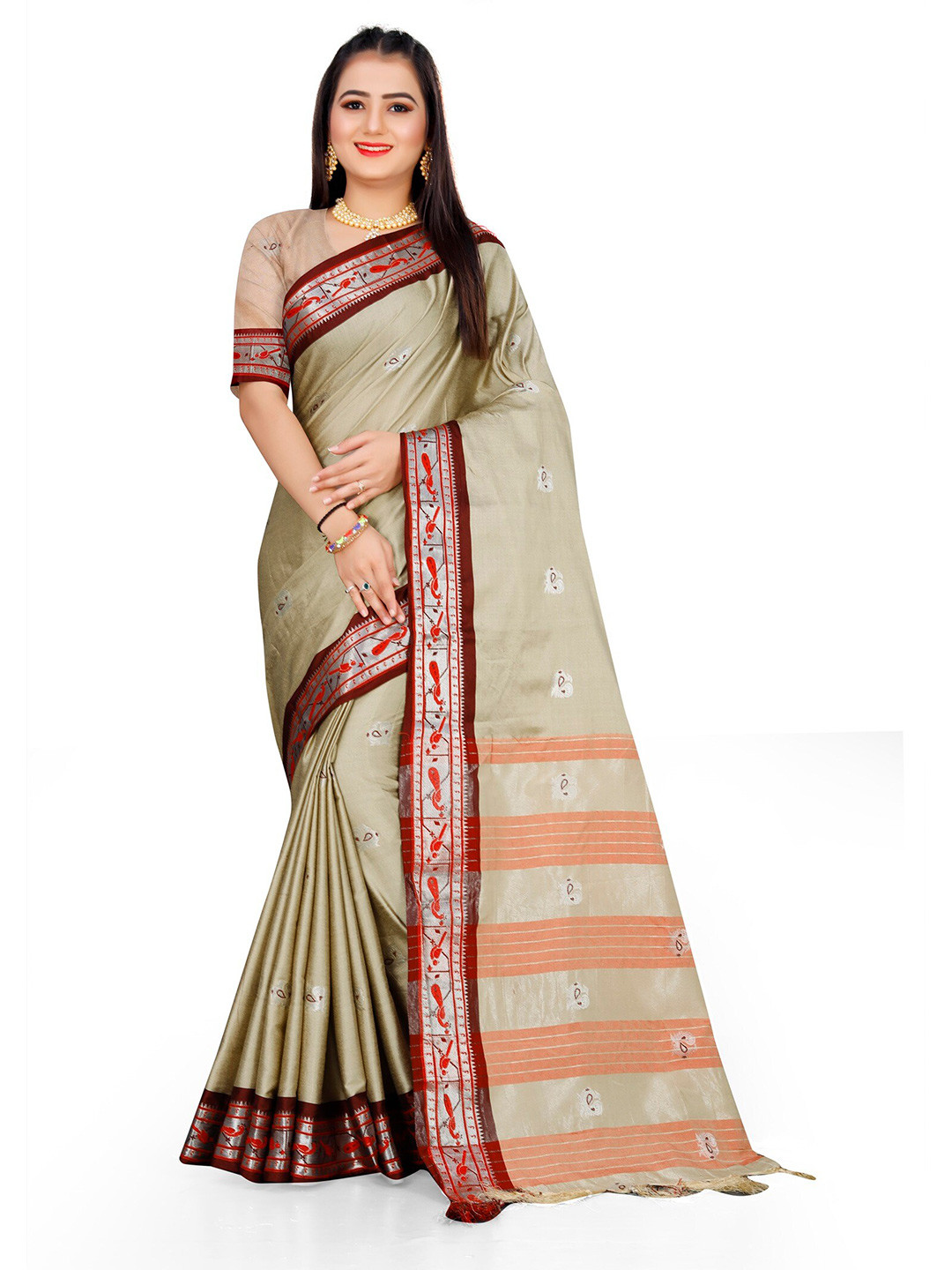 

Mitera Cream-Coloured & Red Woven Design Zari Pure Cotton Kanjeevaram Saree