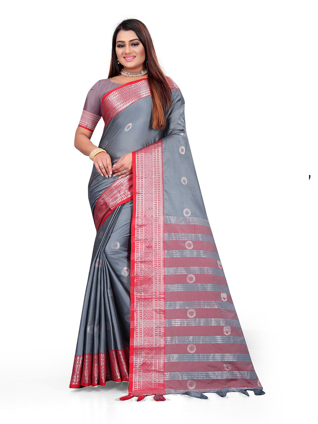 

Mitera Silver-Toned & Red Woven Design Zari Pure Cotton Kanjeevaram Saree