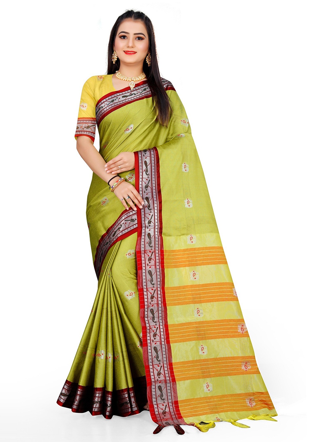 

Mitera Green & Red Woven Design Zari Pure Cotton Kanjeevaram Saree